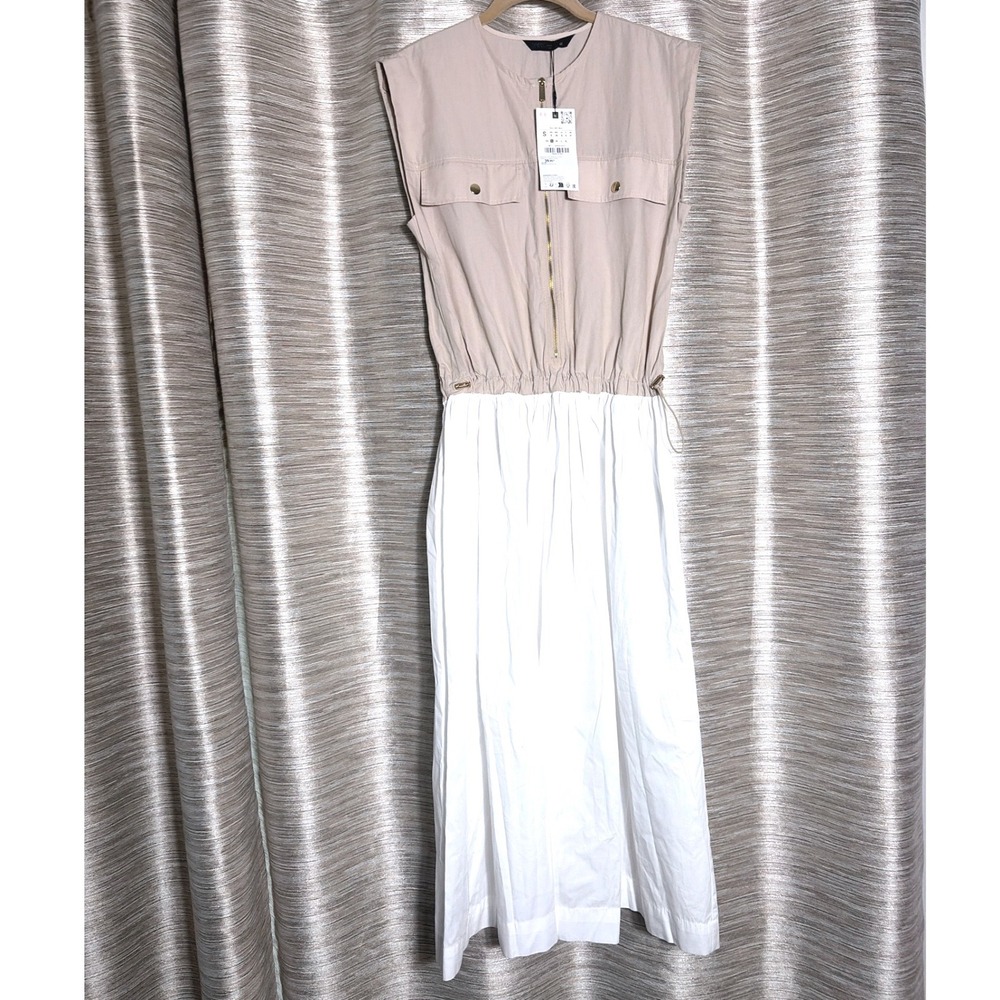 Zara Women Tan White Colorblock Utility Midi Dress Zip Front Drawstring Waist S